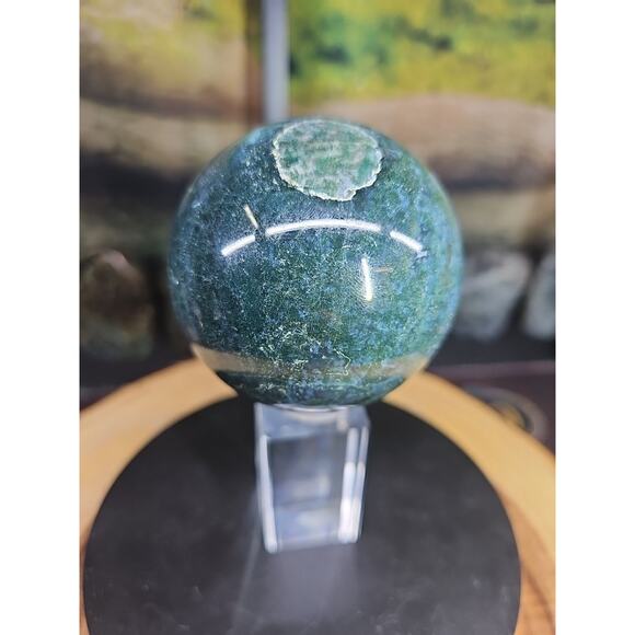 Natural Moss Agate Quartz Crystal Sphere Polished 73mm W/stand 1.16lb - Picture 8 of 9